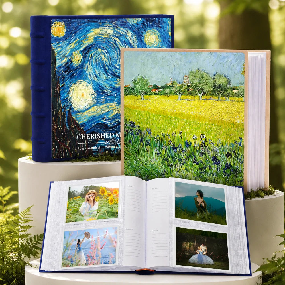 A photo album featuring nature scenes, including a starry night sky and fields of flowers.