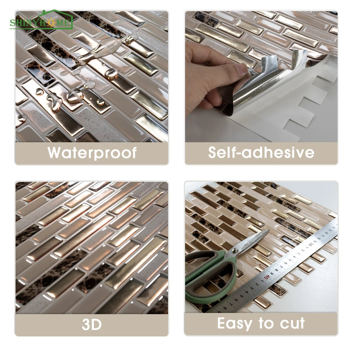 Gold Mosaic Self-Adhesive Wall Tiles for Kitchen and Bathroom