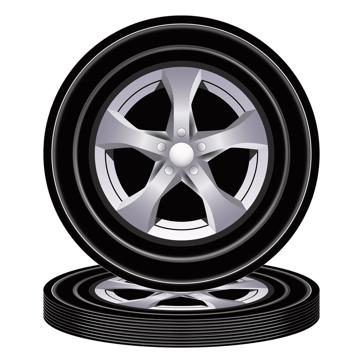 A set of black and silver racing wheels for a birthday party decoration.