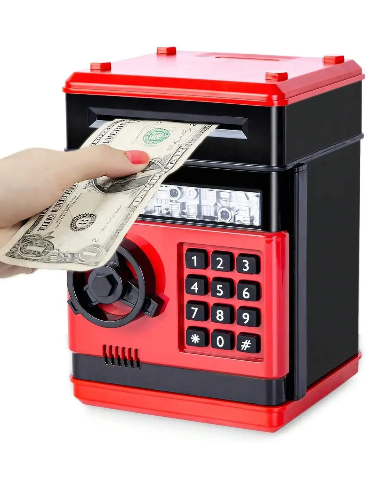 A hand is inserting a stack of US dollar bills into a red and black piggy bank coin money saver.