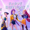 Three female fantasy characters in colorful outfits posing against a sparkling birthday backdrop.