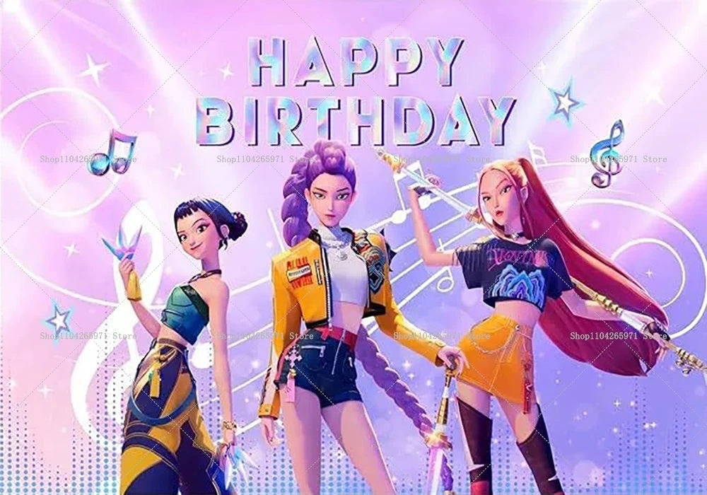 Three female fantasy characters in colorful outfits posing against a sparkling birthday backdrop.