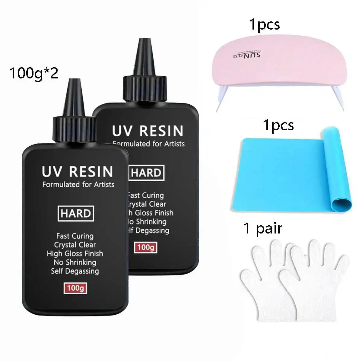 UV resin bottles and accessories including a pink applicator, blue sheet, and a pair of white gloves.