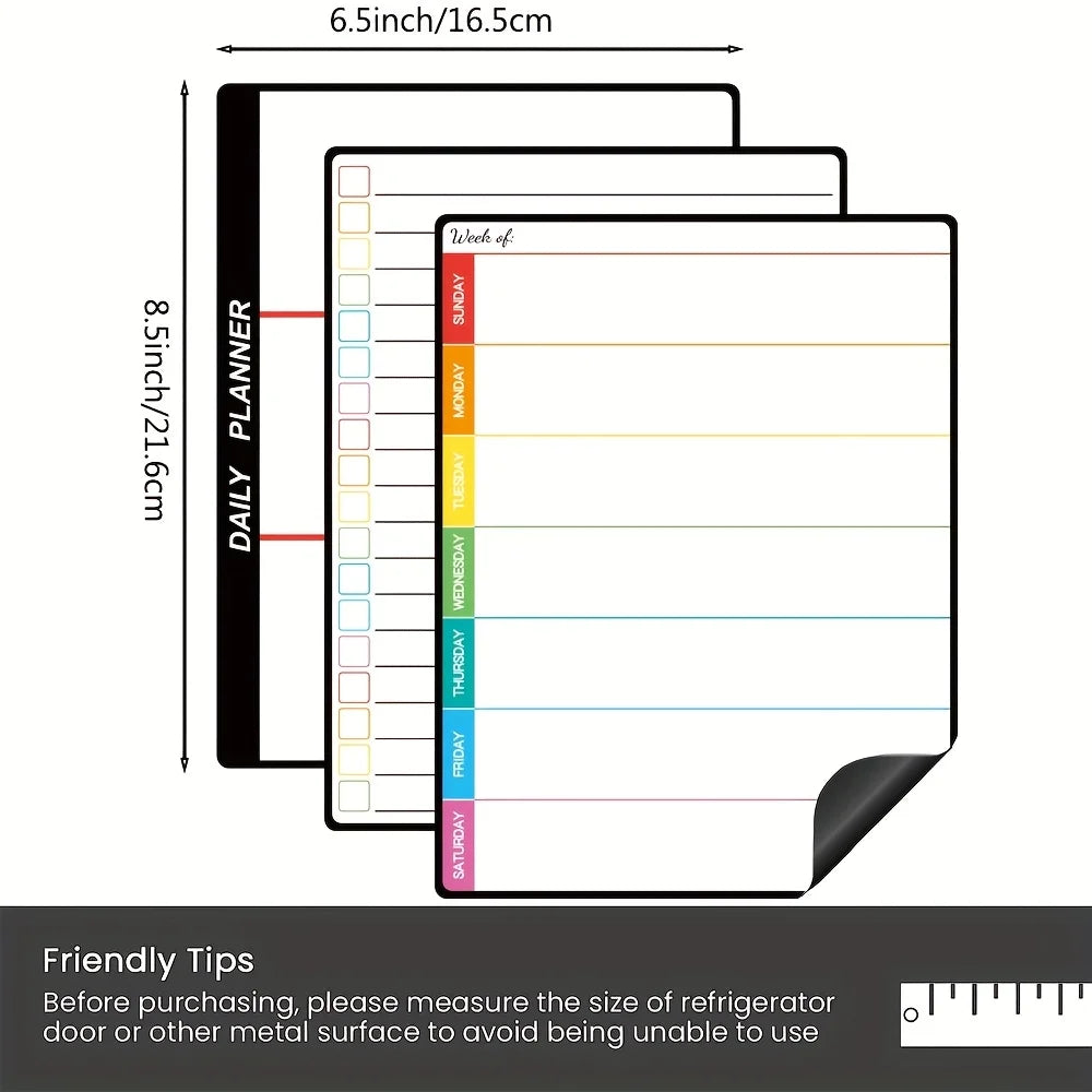 A set of three daily planner sheets with ruled lines and colored headers for tracking tasks.
