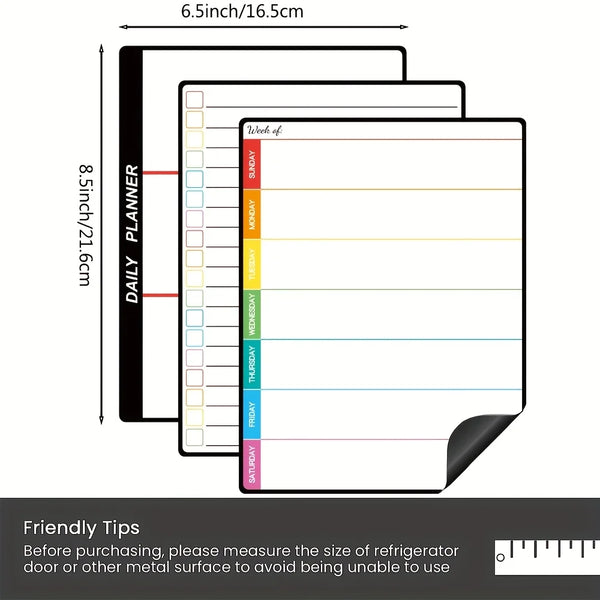 A set of three daily planner sheets with ruled lines and colored headers for tracking tasks.