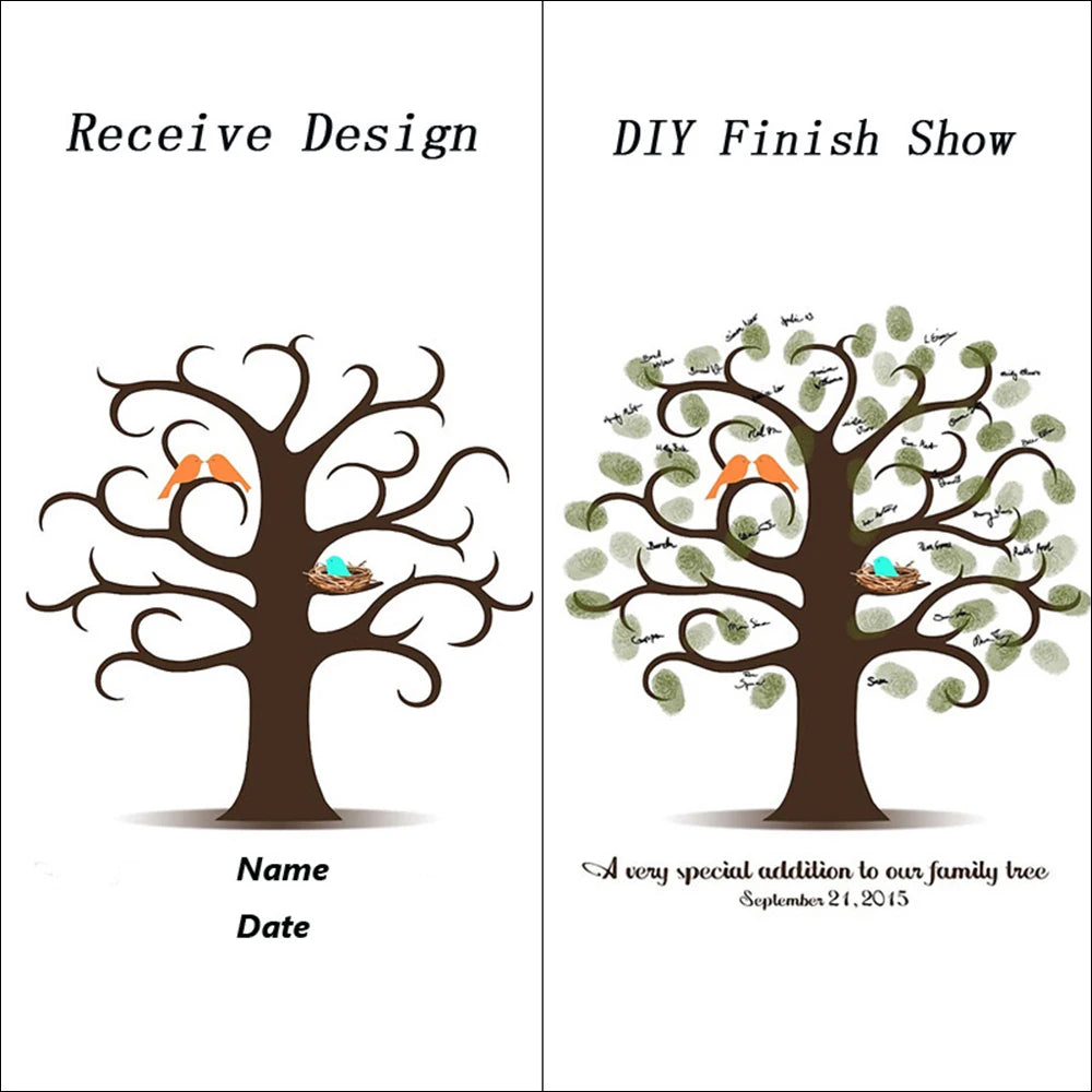 Deux panneaux montrant les options de design et de finition DIY pour une impression personnalisable d'arbre d'empreintes digi