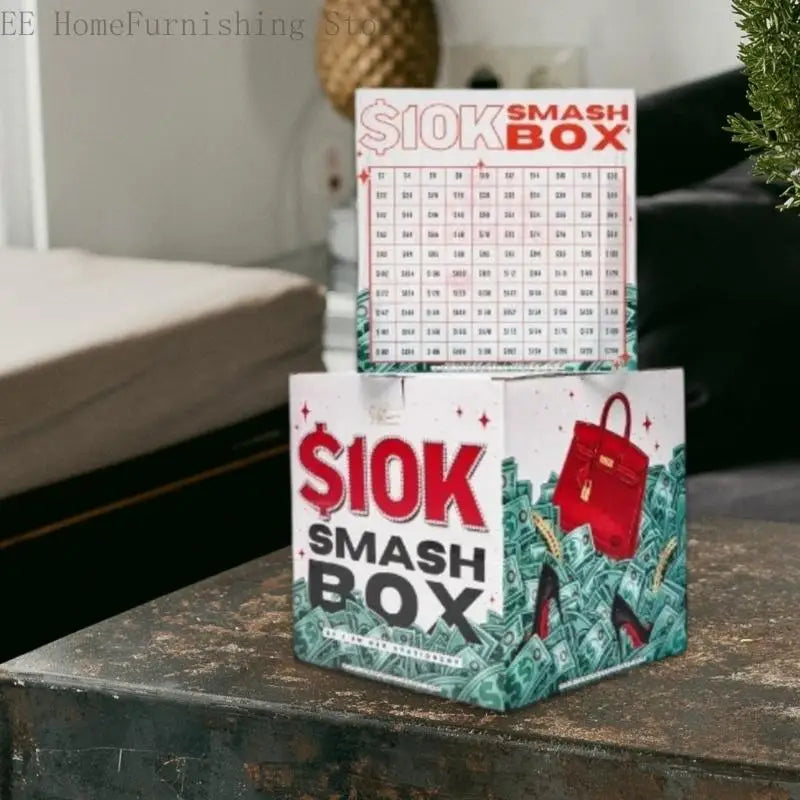 A red and green box labeled SIOK SMASH BOX with a grid of dollar amounts sits on a dark surface.