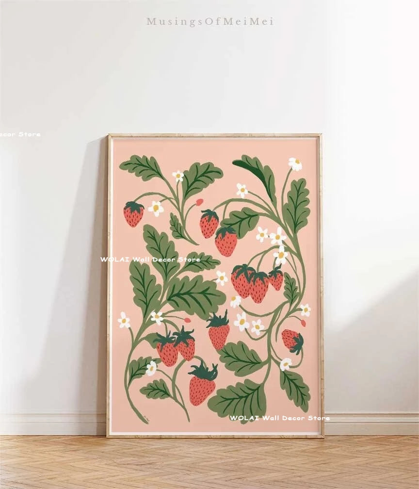 Botanical philodendron canvas wall art featuring pink and green leaves and strawberries on a light pink background