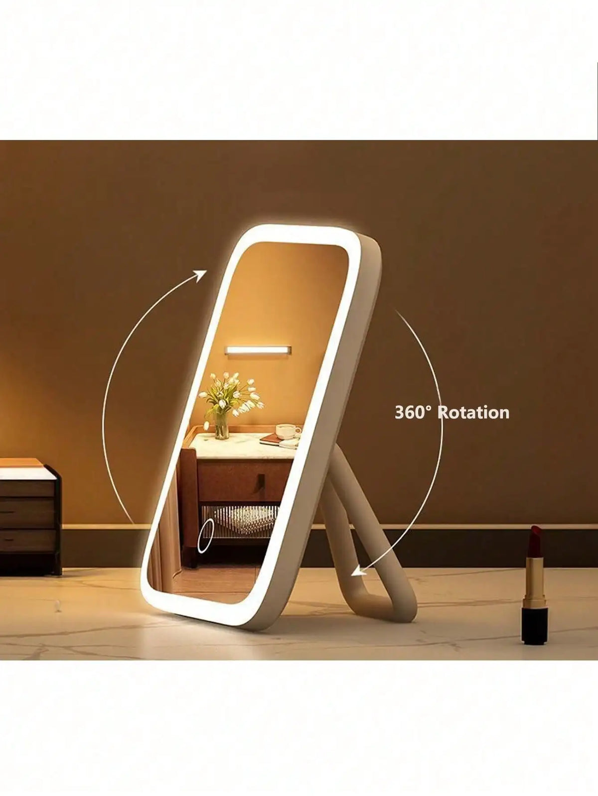 مرآة مكياج بإضاءة LED بيضاء تدور 360 درجة في غرفة.