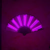 An illuminated folding hand fan with purple LED lights is displayed against a dark background.