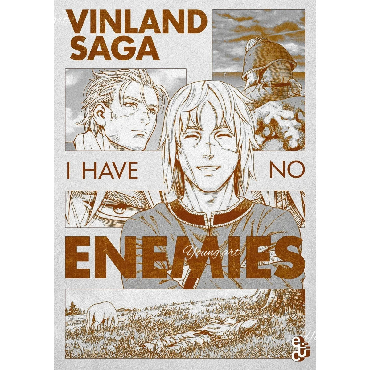 A minimalist line art poster featuring characters from Vinland Saga with text like I HAVE NO ENEMIES.