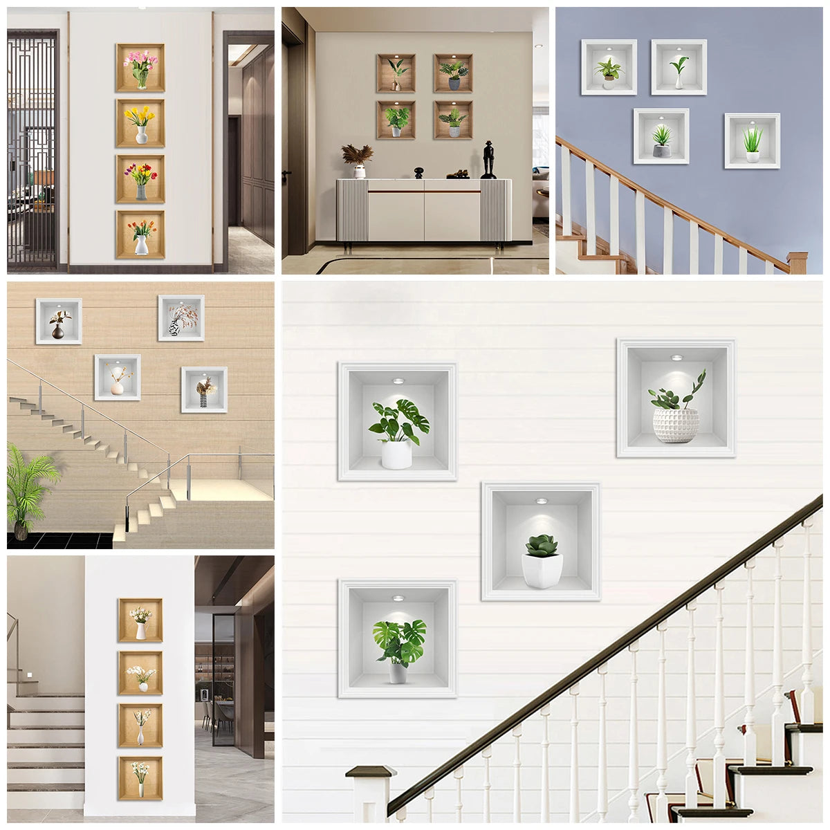 Collection de plantes en pot encadrées exposées sur un mur blanc et une balustrade d'escalier moderne.