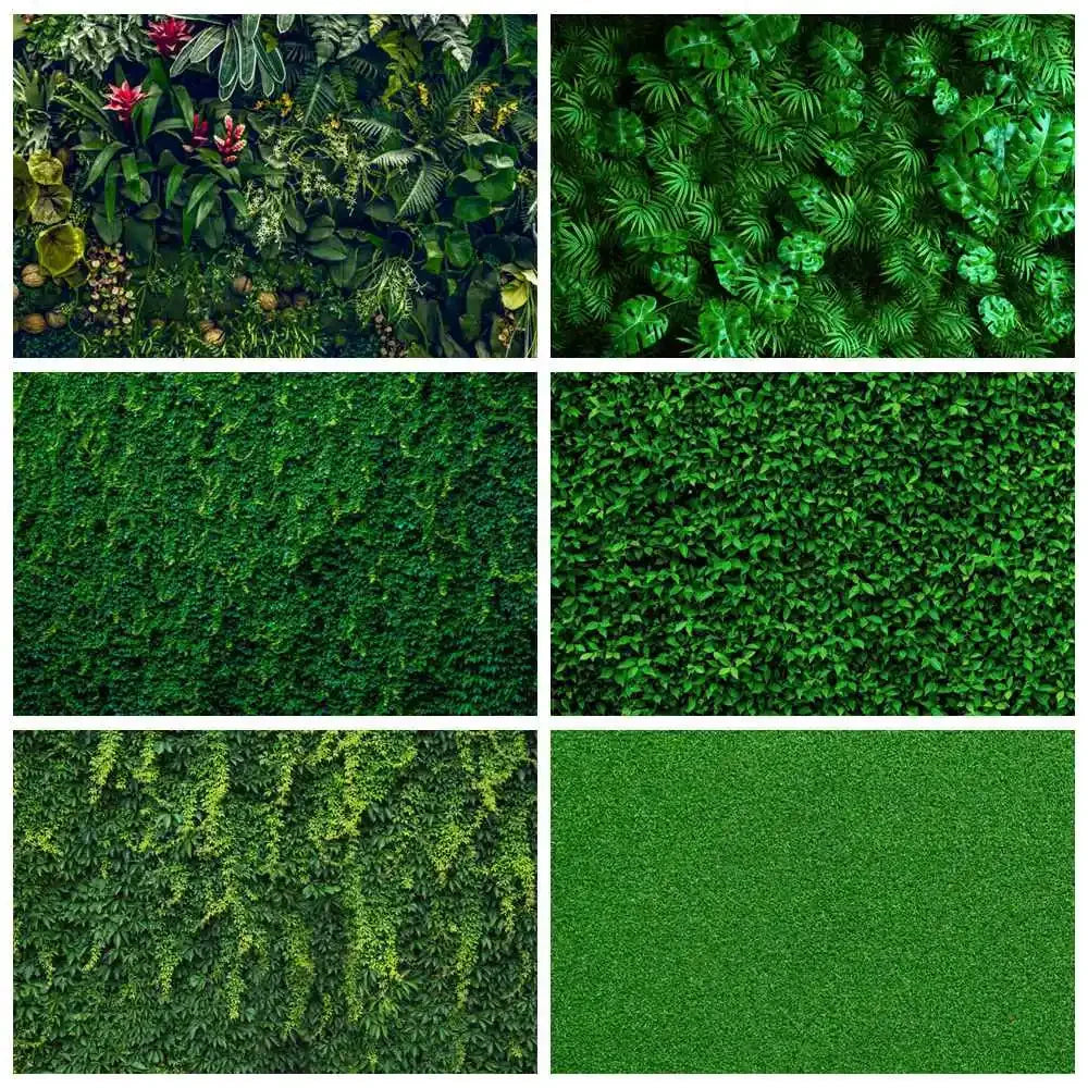 A collection of vibrant green tropical jungle leaves and foliage used as a photography backdrop.