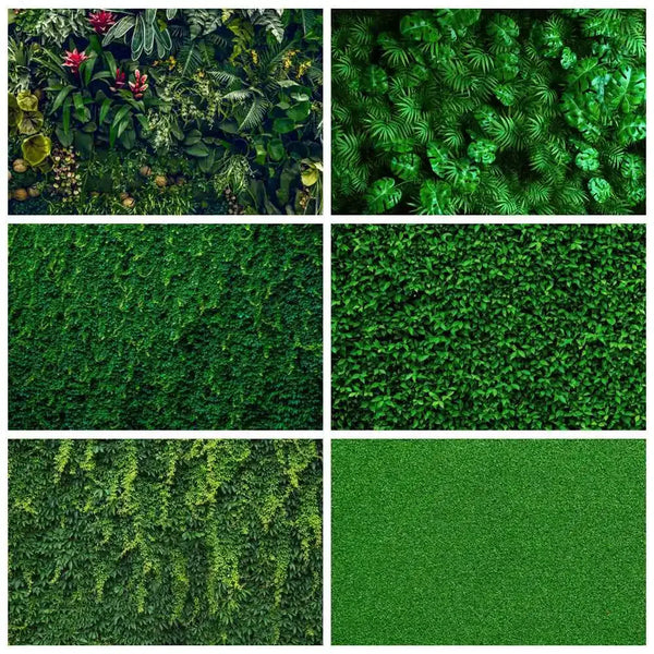 A collection of vibrant green tropical jungle leaves and foliage used as a photography backdrop.