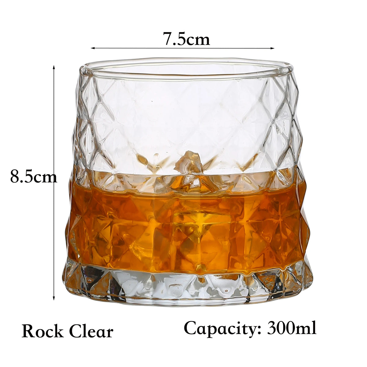 A clear glass tumbler with a diamond-cut pattern, measuring 7.5cm high and having a capacity of 300ml.