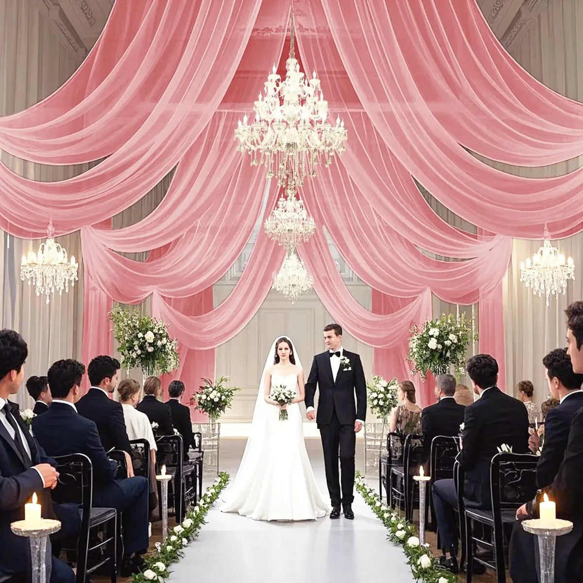 A wedding ceremony setup featuring pink draped curtains, a bride and groom, and guests seated on both sides.