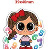 A cute cartoon girl with brown hair tied in a red bow, holding numbers and letters.