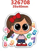 A cute cartoon girl with brown hair tied in a red bow, holding numbers and letters.