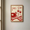 Gerahmtes Kunst-Print mit Vintage-Illustration von Vinylplatten, Weingläsern und zugehörigen Gegenständen.