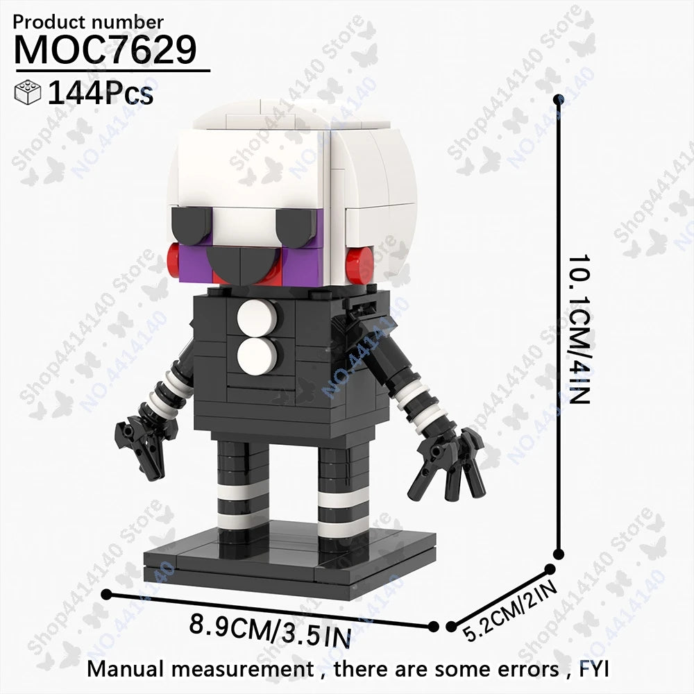 A black and white LEGO-style minifigure model of a character with purple accents standing on a base.
