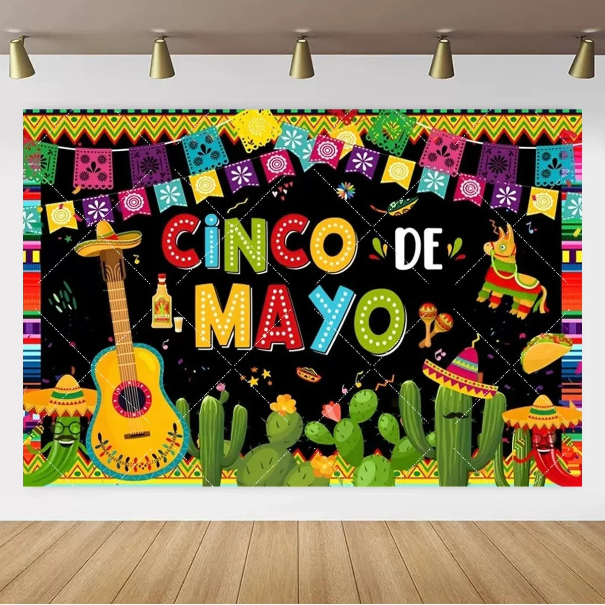 A vibrant backdrop banner featuring a dark background with colorful decorations, cacti, and text celebrating Cinco de Mayo.