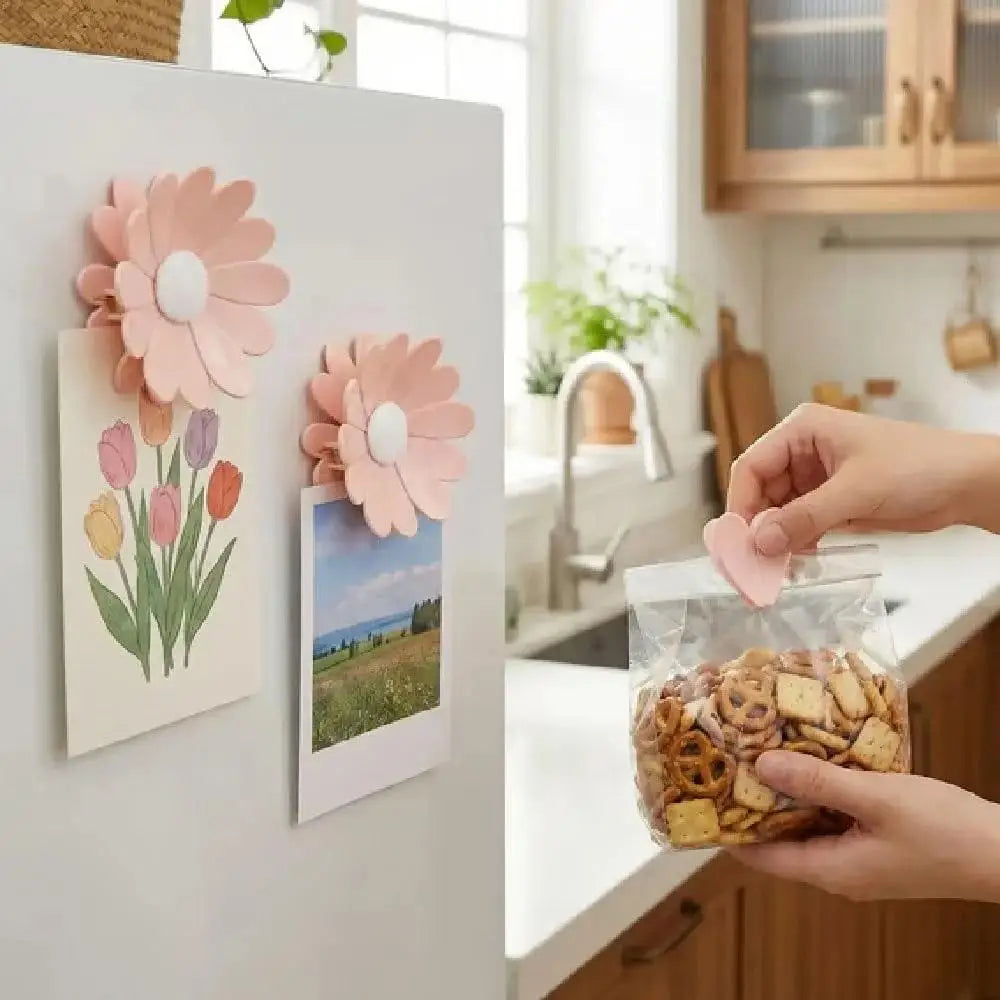 Manos aplicando clips de sellado de margarita magnéticos a un papel con flores rosas y moradas.