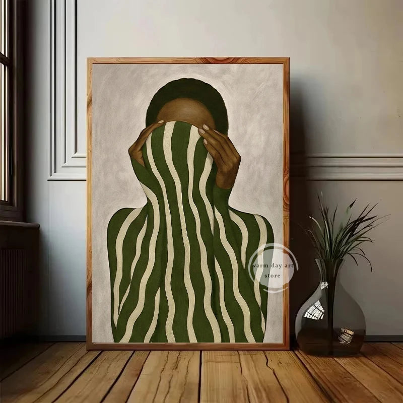 Abstract African Woman Canvas Art – Black & White Striped Print