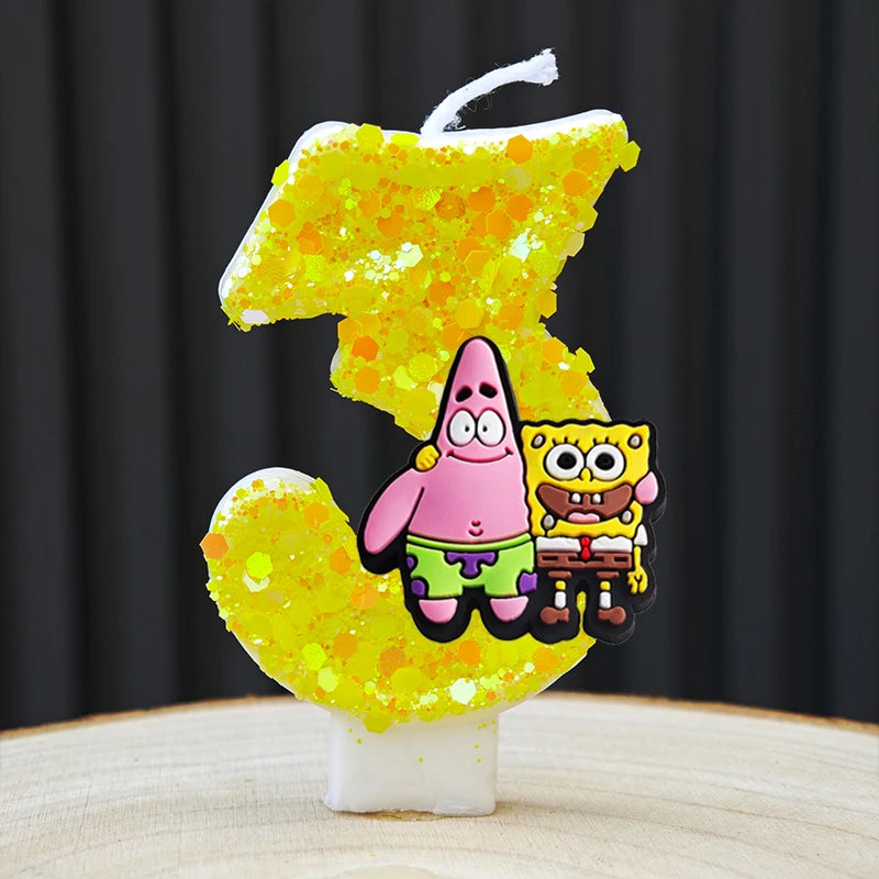 A set of SpongeBob birthday cake candles shaped like the number 1, featuring characters like Patrick and Squidward.