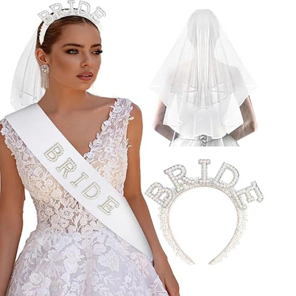 Une mariée portant une robe de mariée en dentelle blanche, un ruban nuptial et un voile transparent avec une bande pour la tê