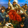 A painting depicting a historical or mythological scene with figures, dramatic lighting, and a large moon.