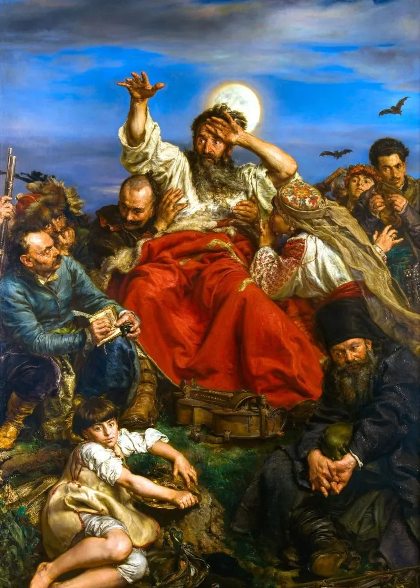 A painting depicting a historical or mythological scene with figures, dramatic lighting, and a large moon.