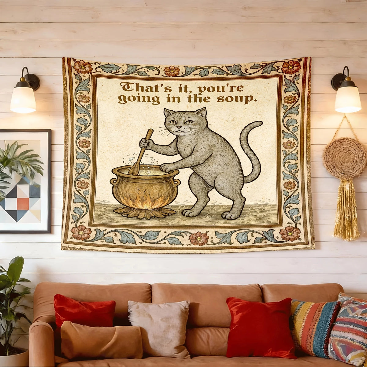 Medieval Cat in Soup Tapestry – Quirky Wall Hanging