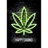 Diseño de hoja de cannabis verde neón sobre fondo de ladrillo oscuro con el texto 'play' y 'happy gaming'