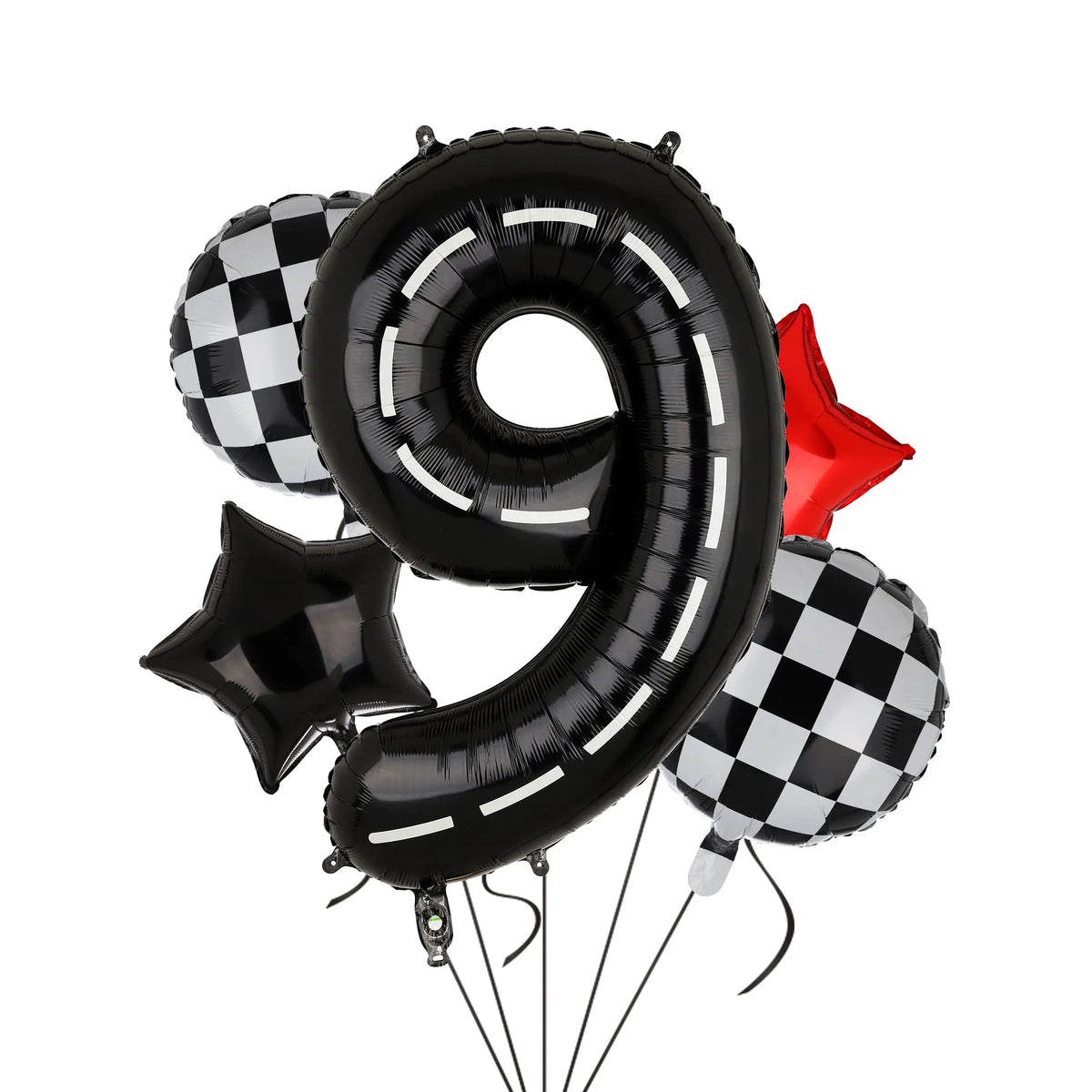 A black balloon shaped like the number 9 with white stripes and a red star, surrounded by other balloons.