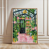 Botanical philodendron canvas wall art featuring various green potted plants in a dark glass structure.