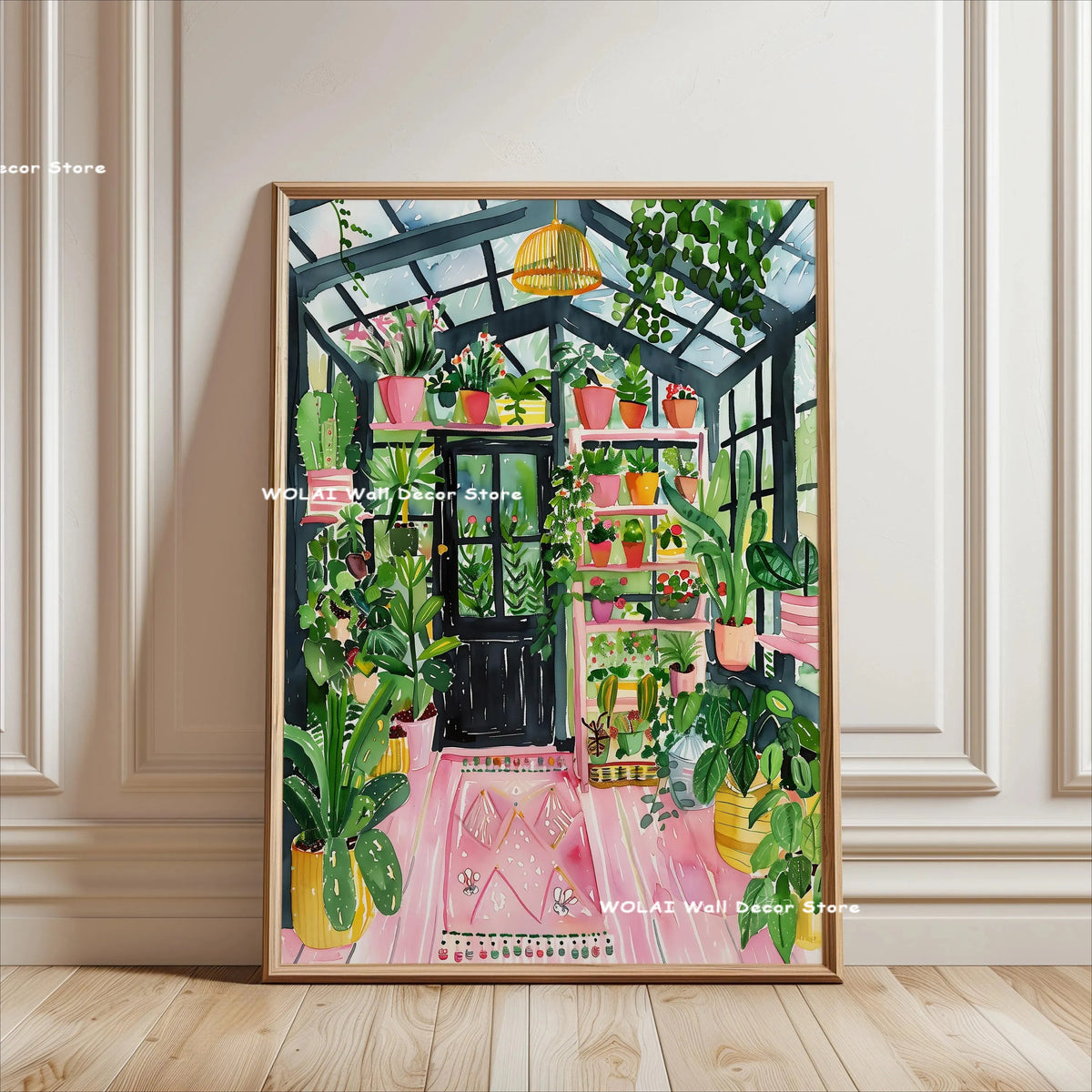 Botanical philodendron canvas wall art featuring various green potted plants in a dark glass structure.