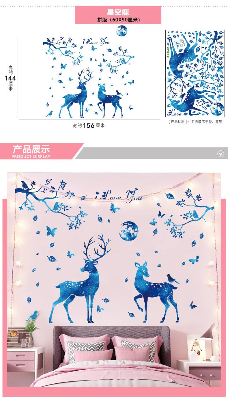 A wall decal featuring a blue deer silhouette and floral branches with the text I Love You on a pink background for bedroom d