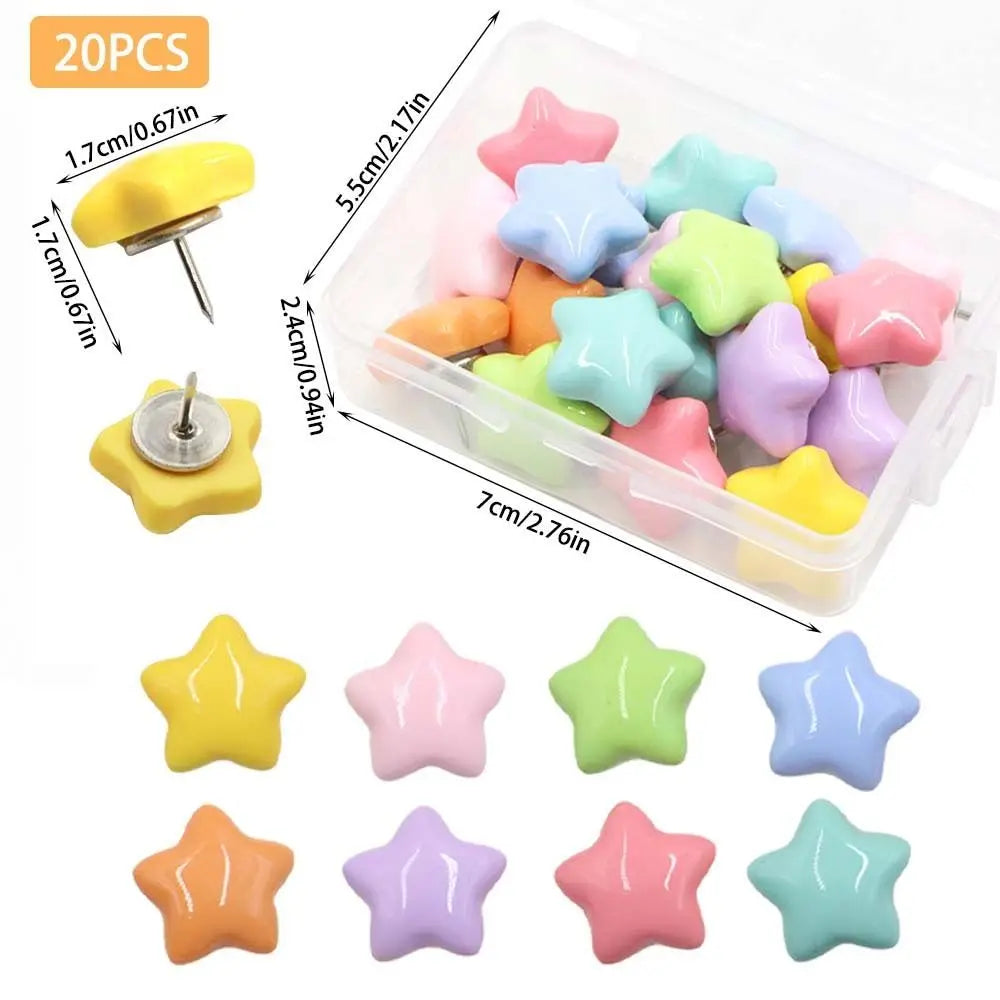 A set of 20 colorful decorative pentagram thumb tacks for crafting and display in a clear plastic container.