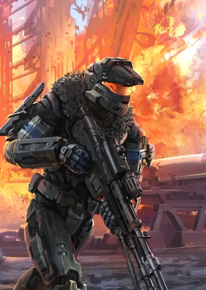 A futuristic soldier in dark armor and helmet stands amidst a fiery, orange-lit environment.