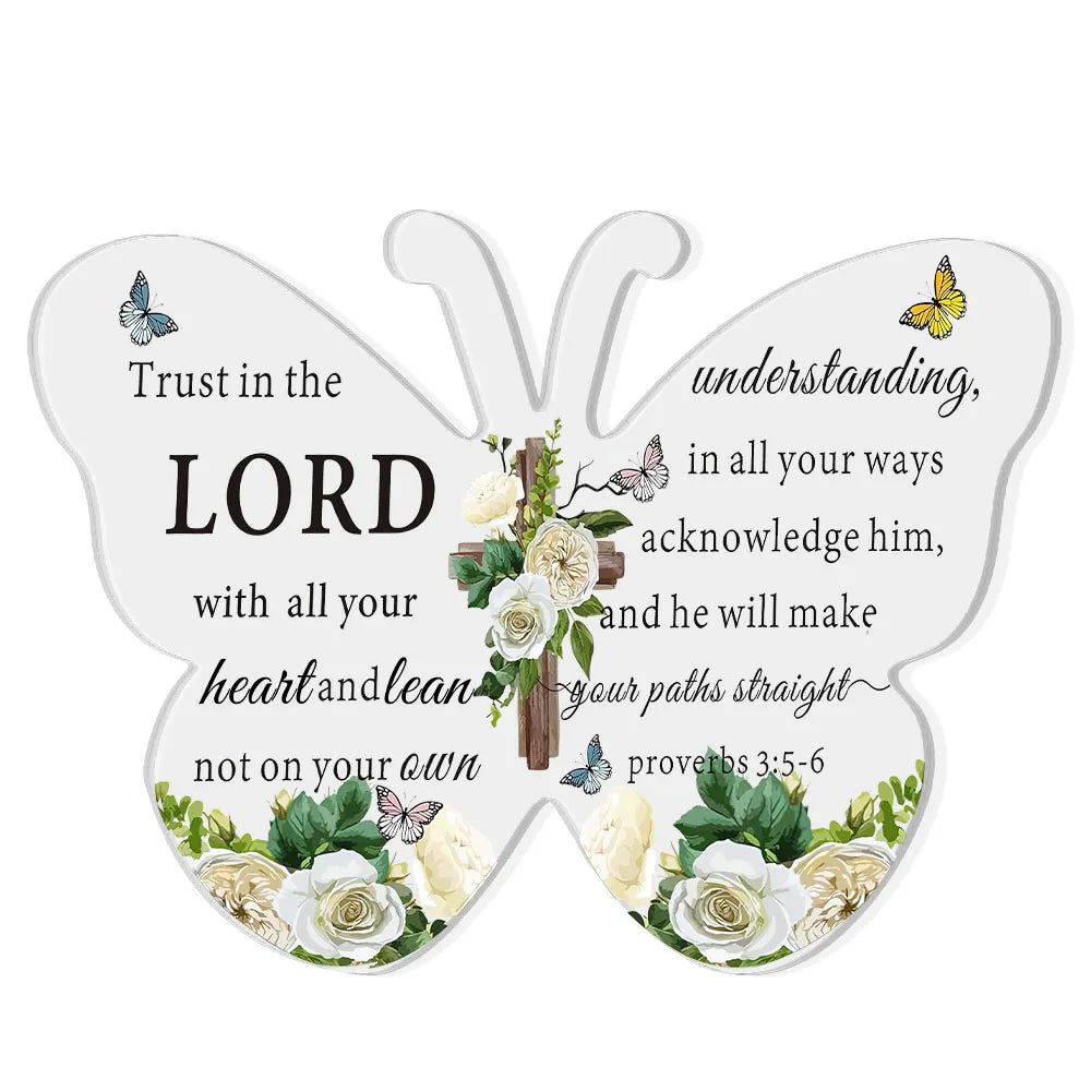 White acrylic butterfly decor featuring a scripture verse about trusting in the Lord