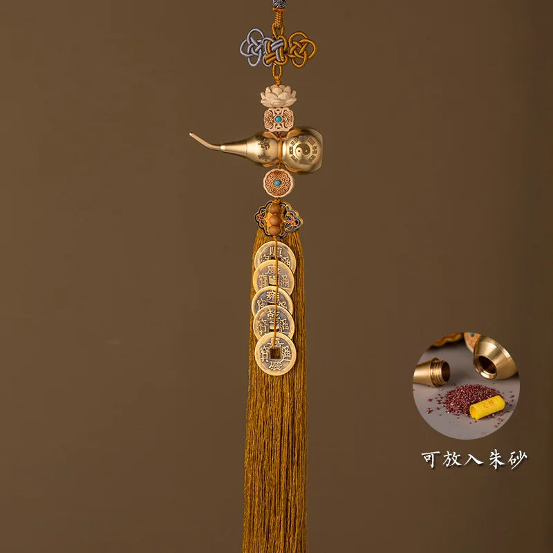 Brass gourd and five emperor coins hanging ornament made of gold-toned metal and silk thread