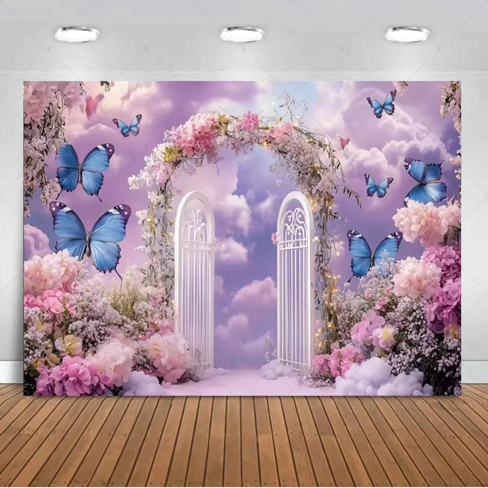 A dreamy purple photo backdrop featuring a floral archway and butterflies against a soft pink and purple sky.
