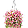 A hanging arrangement of artificial morning glory flowers in shades of pink and white.