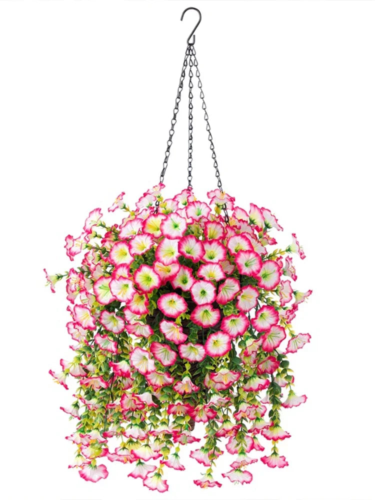 A hanging arrangement of artificial morning glory flowers in shades of pink and white.