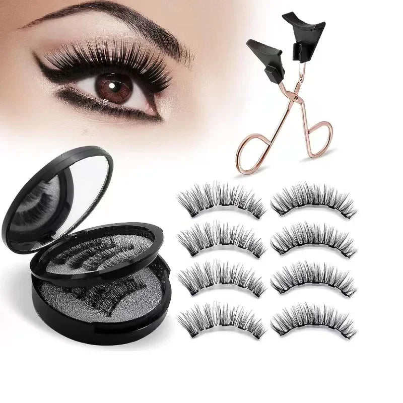A set of magnetic eyelash kits featuring 8 pairs of natural false lashes and a metal lash curler tool.