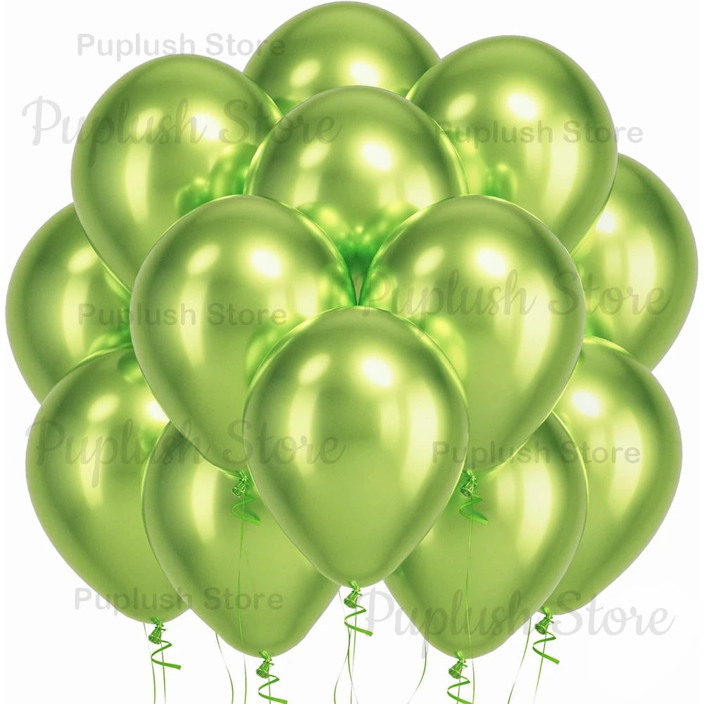 A cluster of glossy sage green latex balloons floating together.