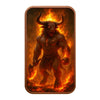 A dark, fiery image of a horned beast with glowing eyes and a flaming sword.