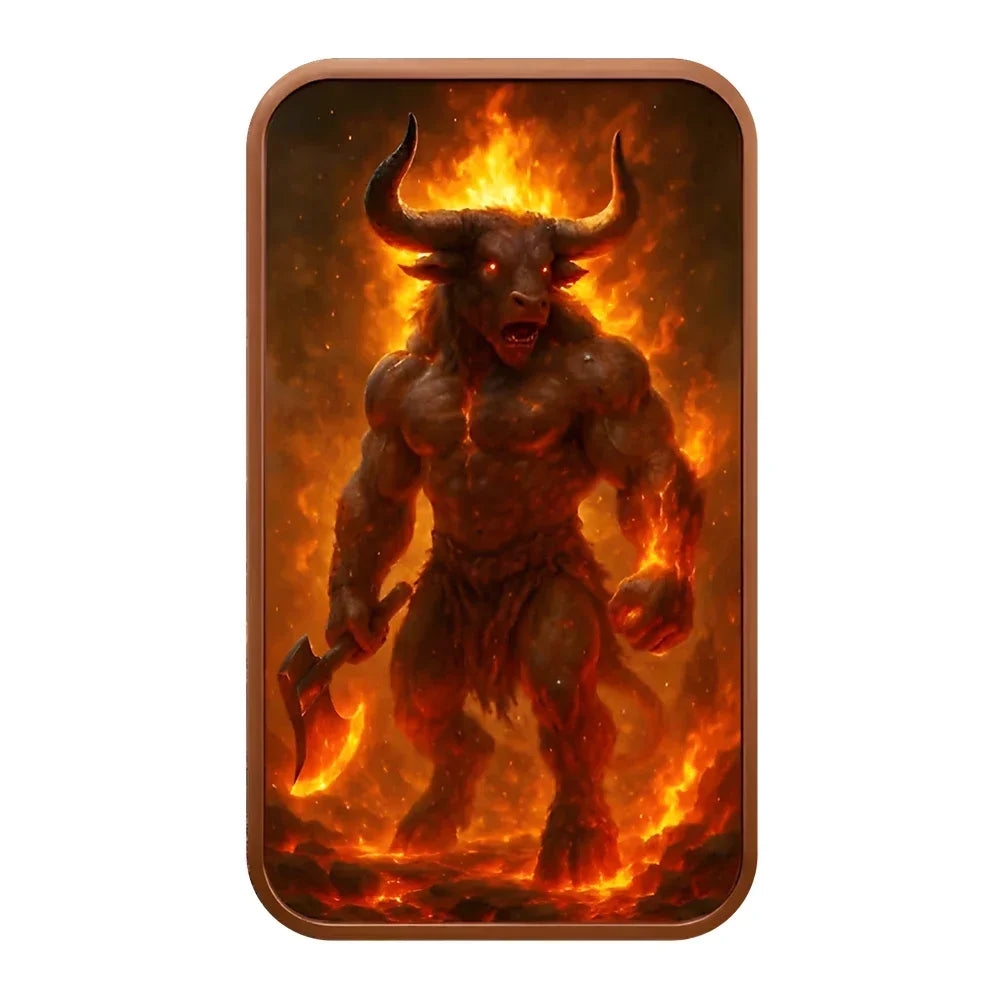 A dark, fiery image of a horned beast with glowing eyes and a flaming sword.