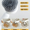 A gray liquid washing brush with numerous bristles is shown alongside usage steps for kitchen and dishwashing.