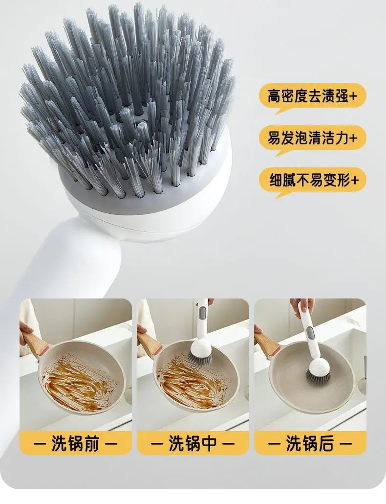 A gray liquid washing brush with numerous bristles is shown alongside usage steps for kitchen and dishwashing.